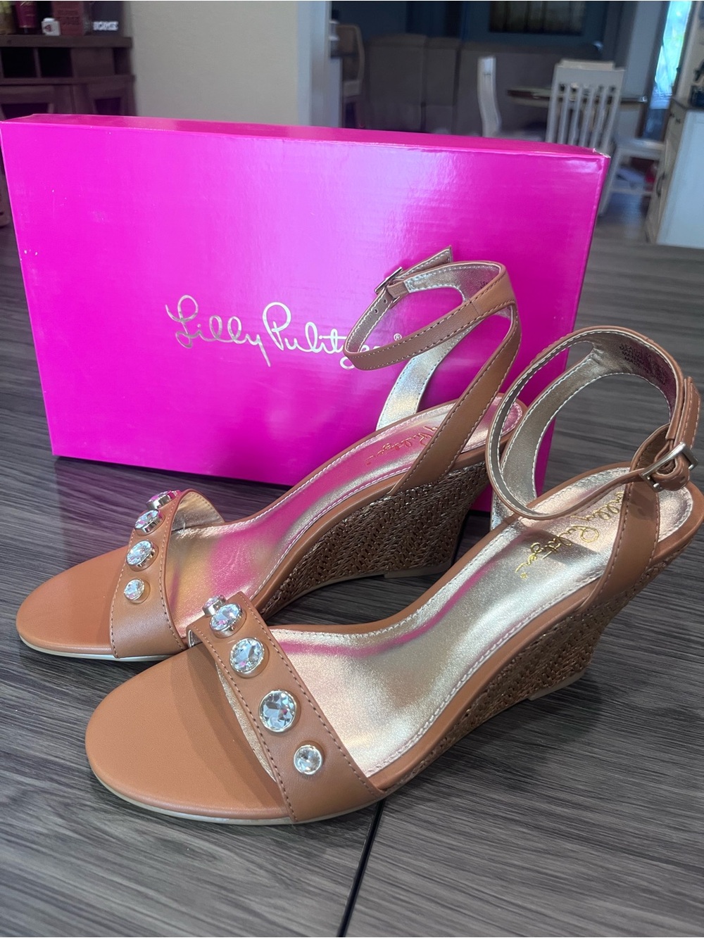 Lilly Pulitzer Brown Tan Crystal-Embellished Wedge Sandals
